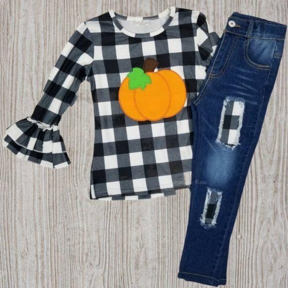 Checkered Pumpkin Bell Sleeve Distressed Jeans Set - Picture 1 of 8